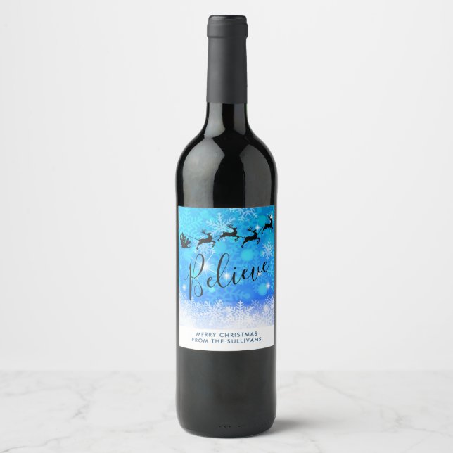 Santa Claus and his Flying Reindeer - Believe Wine Label (Front)
