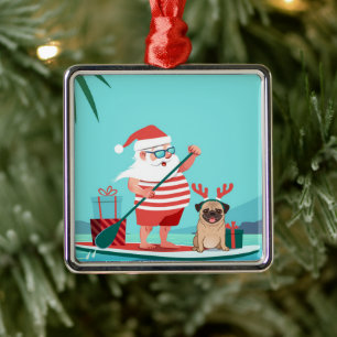 Santa Claus and His Pug on a Surfboard Metal Tree Decoration