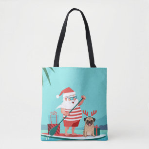 Santa Claus and His Pug on a Surfboard Tote Bag