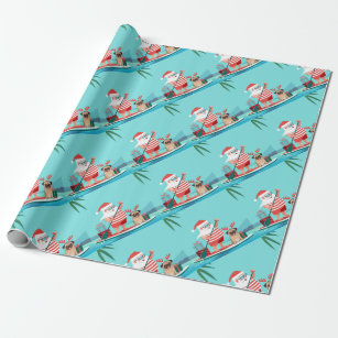 Santa Claus and His Pug on a Surfboard Wrapping Paper