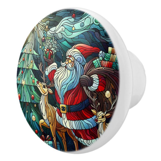 Santa Claus and His Reindeer Bearing Gifts Ceramic Knob (Right)