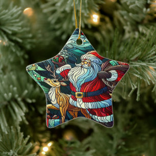Santa Claus and His Reindeer Bearing Gifts Ceramic Tree Decoration