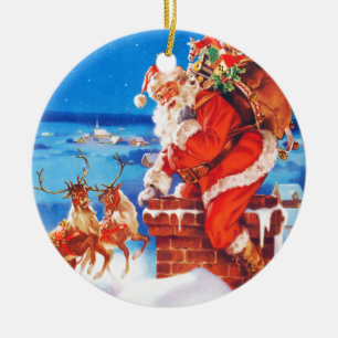 Santa Claus and His Reindeer Up On the Rooftop Ceramic Tree Decoration