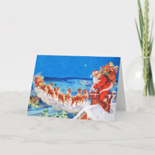 Santa Claus and his Reindeer Up on the Rooftop Holiday Card