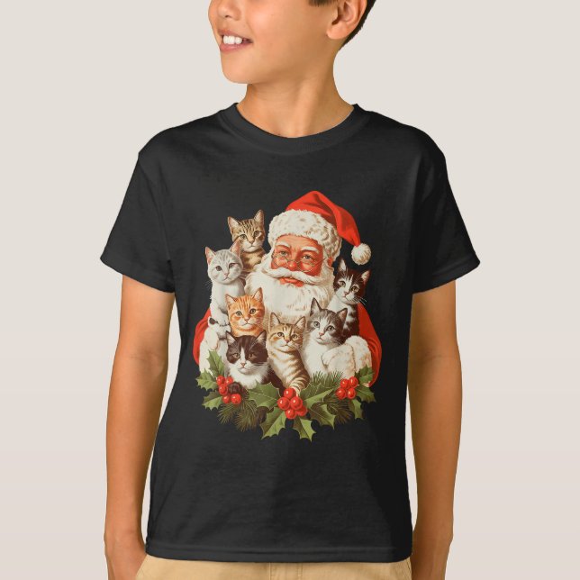 Santa Claus And Kittens Cats Christmas  T-Shirt (Front)