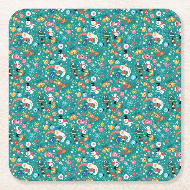 Santa Claus and Merry Friends Pattern Square Paper Coaster (Front)