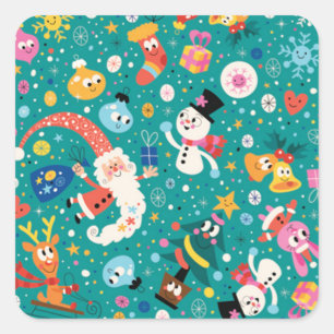 Santa Claus and Merry FriendsPattern Square Sticker