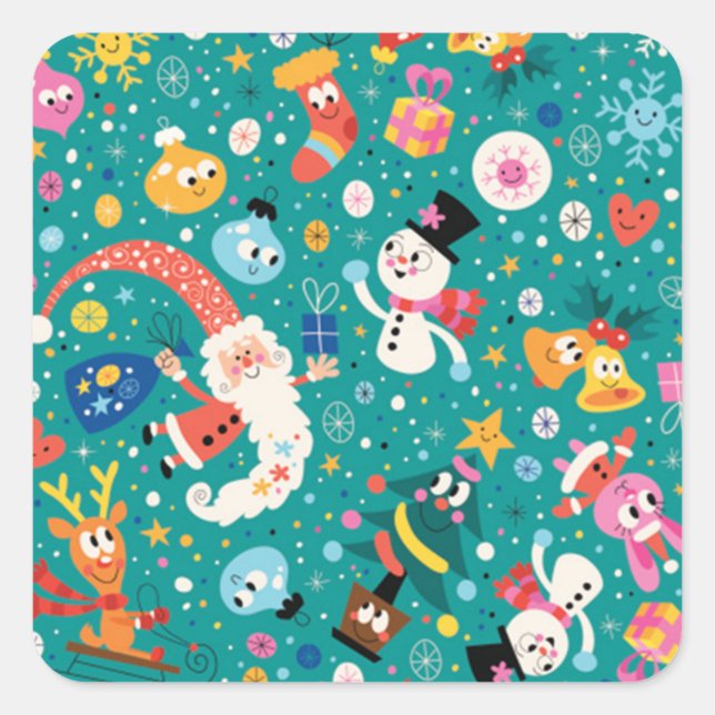 Santa Claus and Merry FriendsPattern Square Sticker (Front)