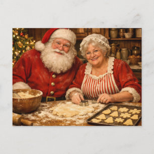 Santa Claus and Missis Claus Making Cookies  Holiday Postcard