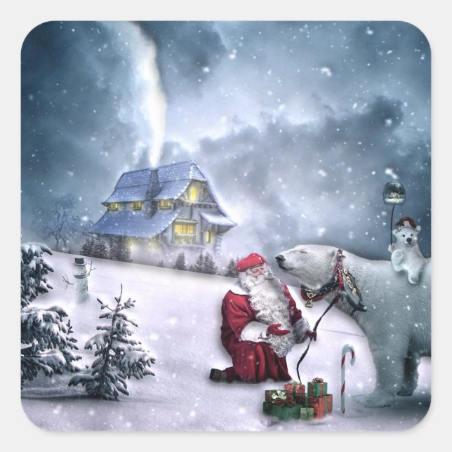 Santa Claus and Polar Bear Square Sticker (Front)