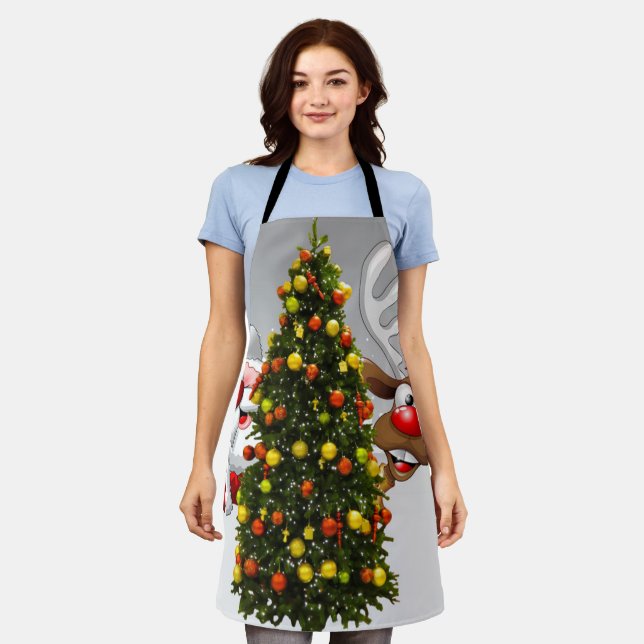 Santa claus and reindeer behind a christmas tree.j apron (Worn)