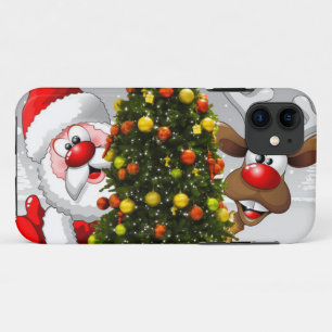 Santa claus and reindeer behind a christmas tree.j Case-Mate iPhone case