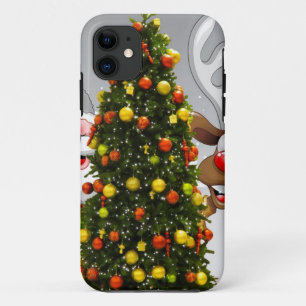 Santa claus and reindeer behind a christmas tree.j Case-Mate iPhone case