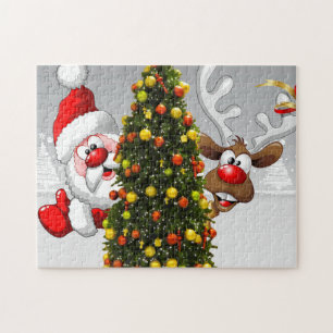 Santa claus and reindeer behind a christmas tree.j jigsaw puzzle