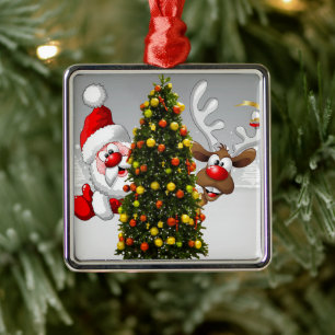 Santa claus and reindeer behind a christmas tree.j metal tree decoration