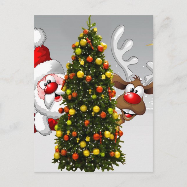 Santa claus and reindeer behind a christmas tree.j postcard (Front)