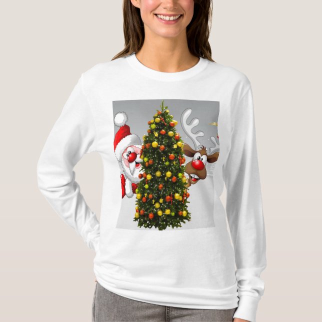 Santa claus and reindeer behind a christmas tree.j T-Shirt (Front)