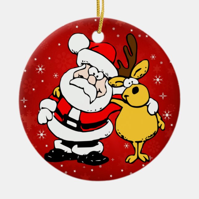 Santa Claus and Reindeer Cute Funny Christmas Ceramic Tree Decoration (Front)