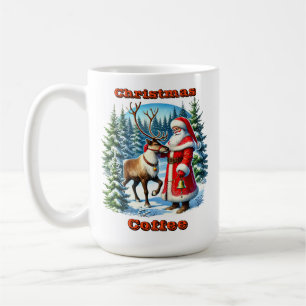 Santa Claus and Reindeer in a Snowy Forest Coffee Mug