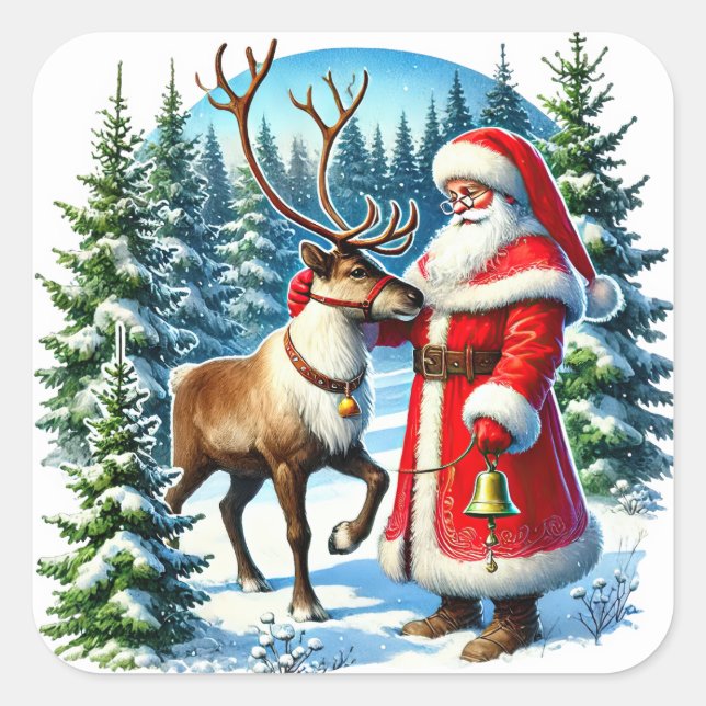 Santa Claus and Reindeer in a Snowy Forest Square Sticker (Front)