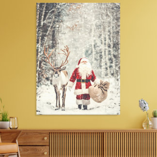 Santa Claus and Reindeer in a Winter Wonderland Canvas Print