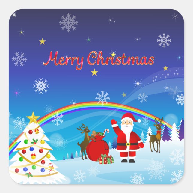 Santa Claus and Reindeer Square Sticker (Front)