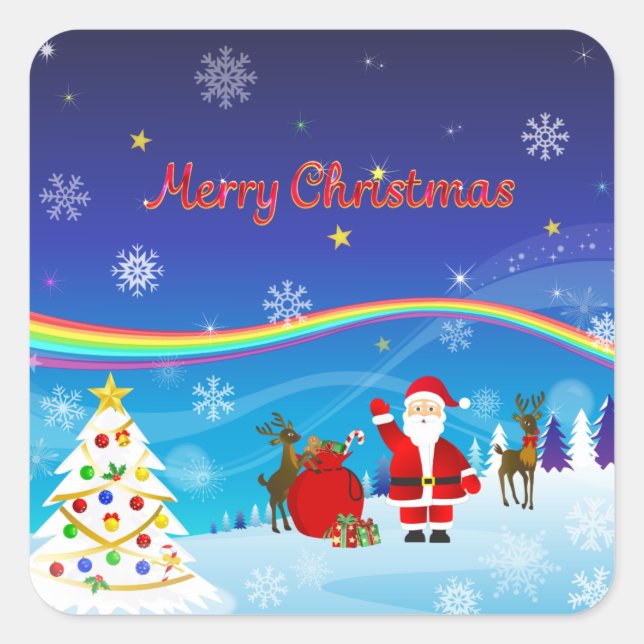 Santa Claus and Reindeer Square Sticker (Front)