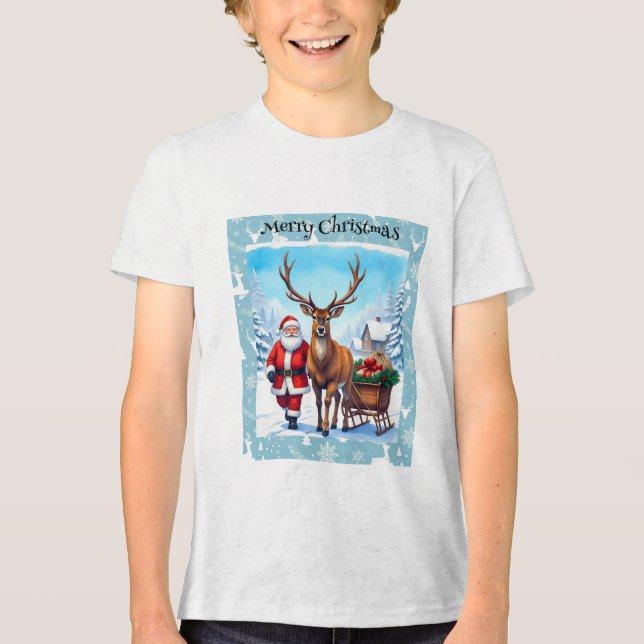 Santa Claus and Reindeer's Christmas Journey  Tri-Blend Shirt (Front)