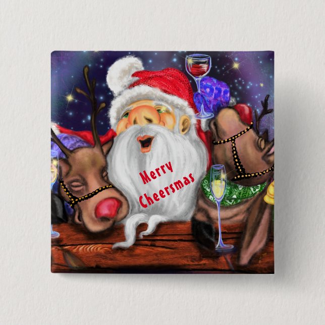 Santa Claus and Reindeers Funny Christmas Button (Front)