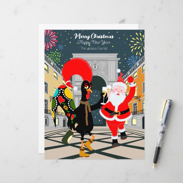 Santa Claus and Rooster Champagne Toast to New Yea (Front/Back In Situ)