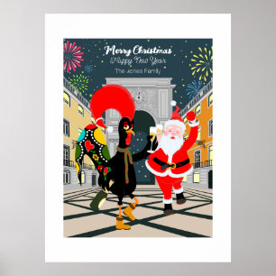 Santa Claus and Rooster Champagne Toast to New Yea Poster