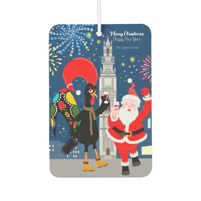 Santa Claus and Rooster toast to the New Year Car Air Freshener (Front)