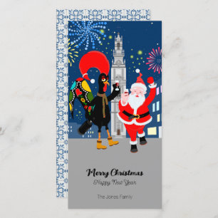 Santa Claus and Rooster toast to the New Year Holiday Card