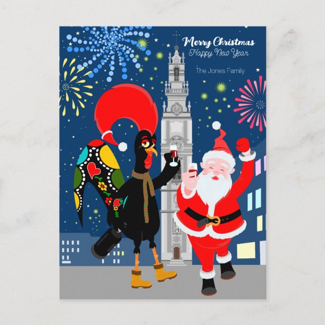 Santa Claus and Rooster toast to the New Year Postcard (Front)