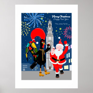Santa Claus and Rooster toast to the New Year Poster