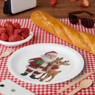 Santa Claus and Rudolph Cartoon Paper Plate