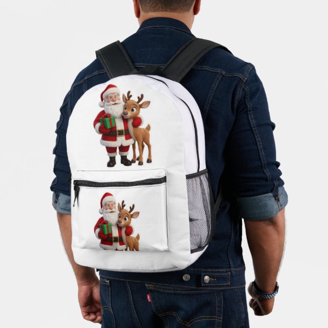 Santa Claus and Rudolph Cartoon Printed Backpack (Insitu (Model))