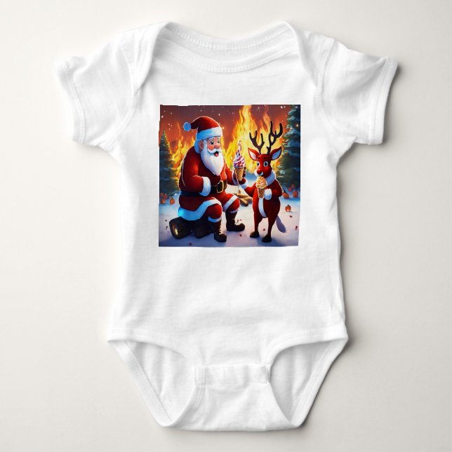 Santa Claus and Rudolph Enjoying Ice Cream Baby Bodysuit (Front)