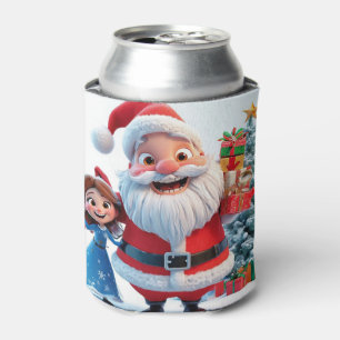 Santa Claus and Snow Maiden Celebrating Christmas Can Cooler
