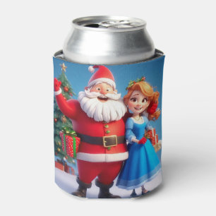 Santa Claus and Snow Maiden Celebrating Christmas Can Cooler