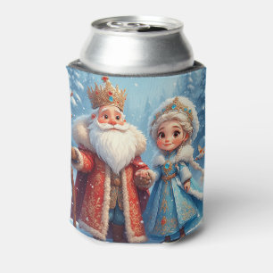 Santa Claus and Snow Maiden Celebrating Christmas Can Cooler