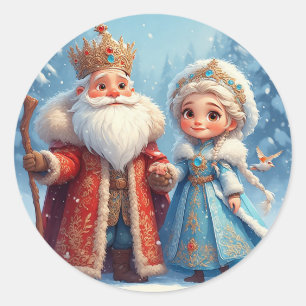 Santa Claus and Snow Maiden Celebrating Christmas Classic Round Sticker