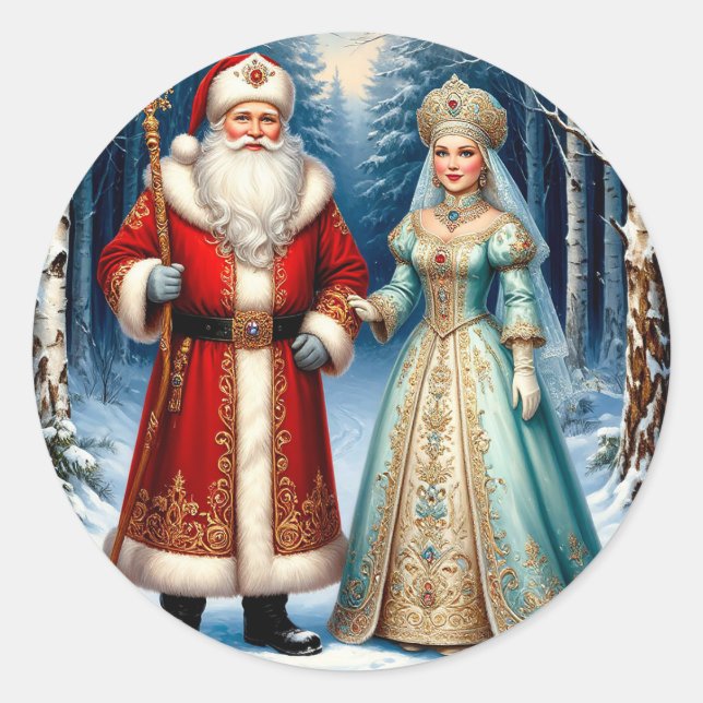 Santa Claus and Snow Maiden Celebrating Christmas Classic Round Sticker (Front)