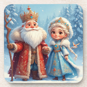 Santa Claus and Snow Maiden Celebrating Christmas Coaster