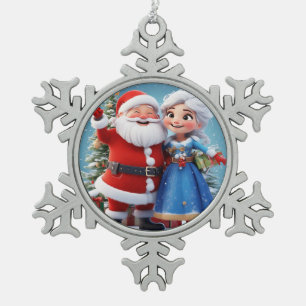 Santa Claus and Snow Maiden Celebrating Christmas Snowflake Pewter Christmas Ornament
