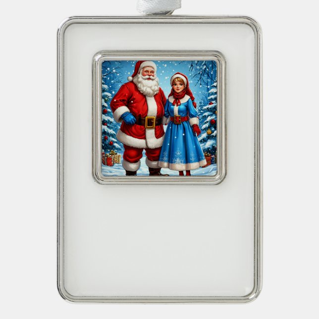 Santa Claus and Snow Maiden Silver Plated Framed Ornament (Front)