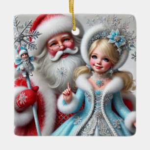 Santa Claus and Snow Mainen in a Winter Wonderland Ceramic Ornament