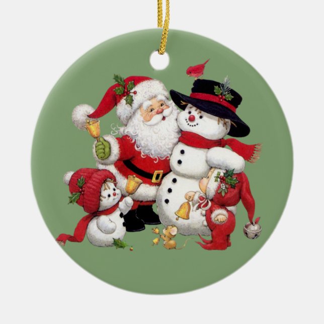 Santa Claus and Snowman background Ceramic Tree Decoration (Front)