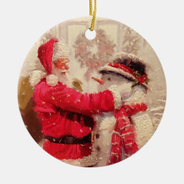 Santa Claus and Snowman Ceramic Tree Decoration (Front)