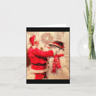 Santa Claus And Snowman In Snowfall  Card